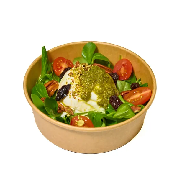 Bowl de burrata con canónigos y pesto