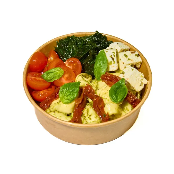 Bowl caprese con pesto, tomate y mozzarella